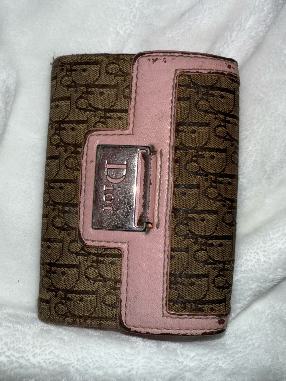 USED Dior Brown Monogram Wallet with Pink Trim and Silver Plate